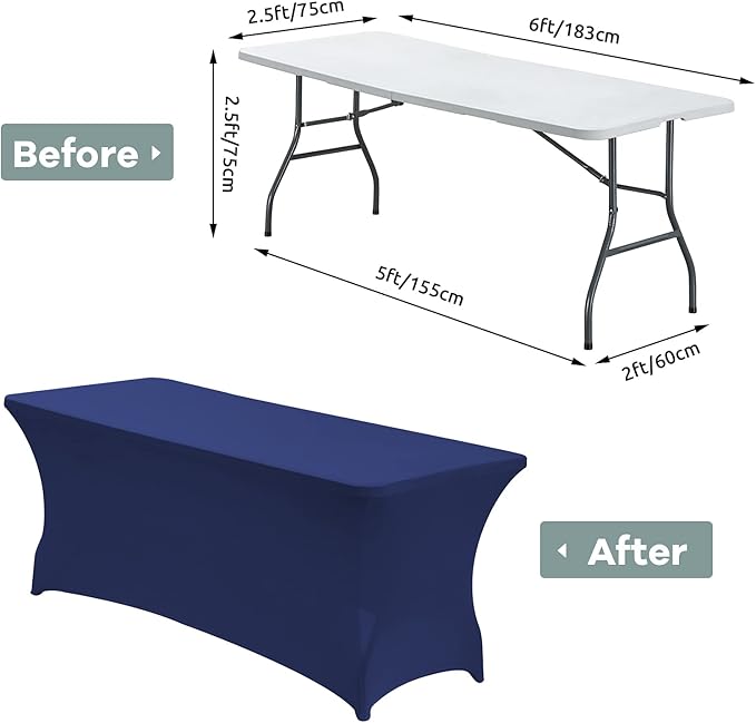 CWK 6FT Waterproof Stretch Spandex Table Cover for Rectangular Tables - Elastic Fitted Tablecloth for Folding Tables,Wrinkle Resistant Table Cloth for Parties, Weddings, Banquets & Events (Blue)