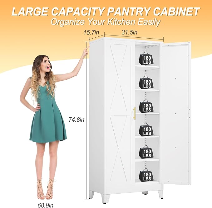 75" Tall Metal Kitchen Pantry Storage Cabinet, Freestanding Cupboard with 2 Doors and 5 Adjustable Shelves, Standing Storage for Kitchen, Bathroom, Garage, Dinning Room or Utility Room(White)