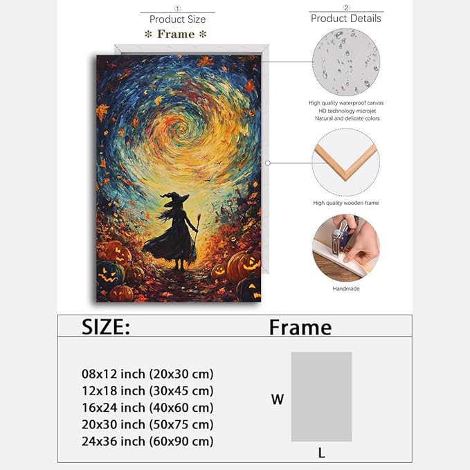 Halloween Autumn Witchy Decor Wall Art Prints,Gothic Witch in Whirlwind Autumn with Pumpkins Scene Pictures Poster,Fall Festival Home Decor Painting Canvas Poster for Bedroom Bathroom,8"x12" Framed