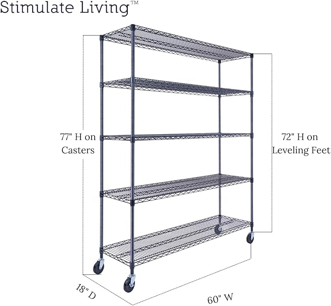 60"x18"x72" Prime Heavy Duty Black 5-Tier Wire Shelving NSF 4000 LBS MAX Capacity Storage Rack for Commercial, Hospital, School, Garage, and Kitchen Uses (with Wheels)