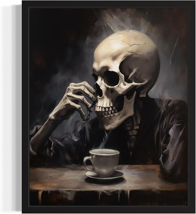 Skull Drinking Coffee Poster Art Print, Halloween Scary Vintage Wall Art Academia Spooky Painting Decoration for Horror Prints, Gothic Posters Bedroom Decor 89 (Skull Drinking Coffee, 16 x 20 inches, Black Frame)