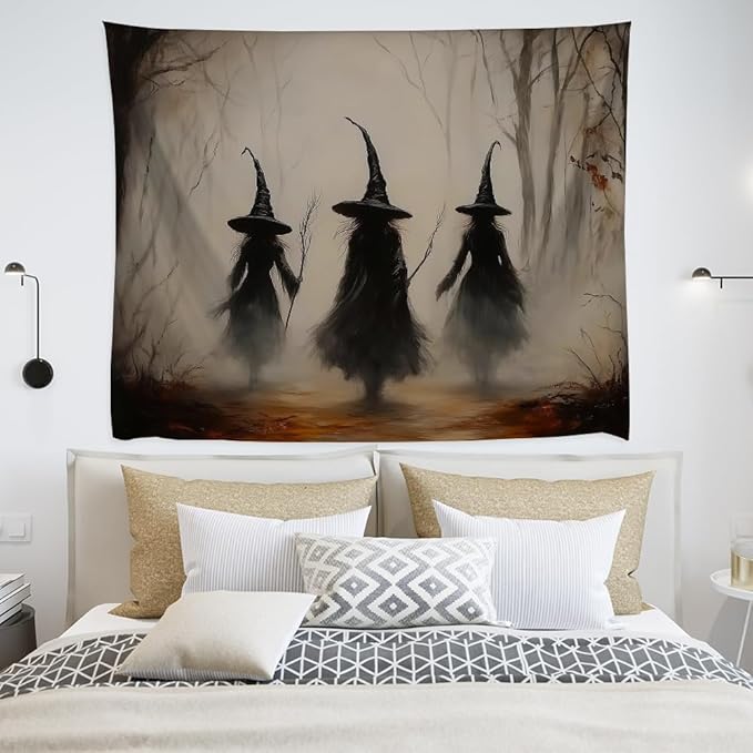 Witchy Halloween Tapestry Wall Hanging Vintage Spooky Witch Room Print Dark Academia Autumn Forest Three Witches Tapestries Decor for Halloween Living Room Bedroom Decoration 50x60inch