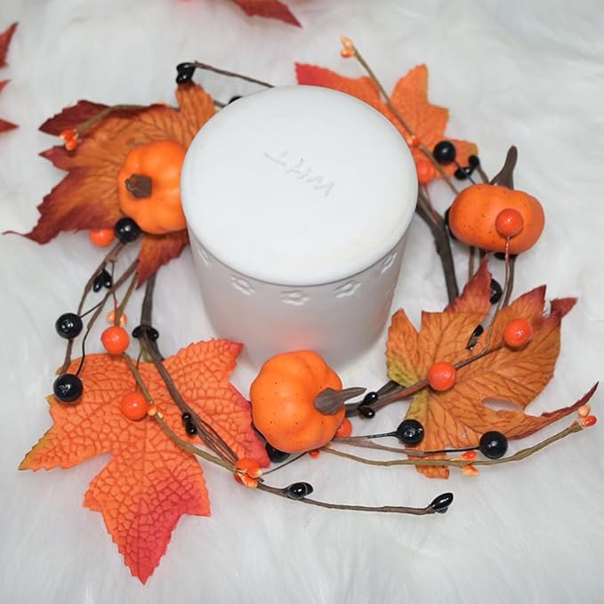3pcs Fall Candle Rings Wreaths Autumn Maple Leaves Pumpkins Berries Candle Holder Rings Mini Wreaths Decorations for Tables Centerpieces Halloween Thanksgiving Harvest Christmas Home Kitchen Decor