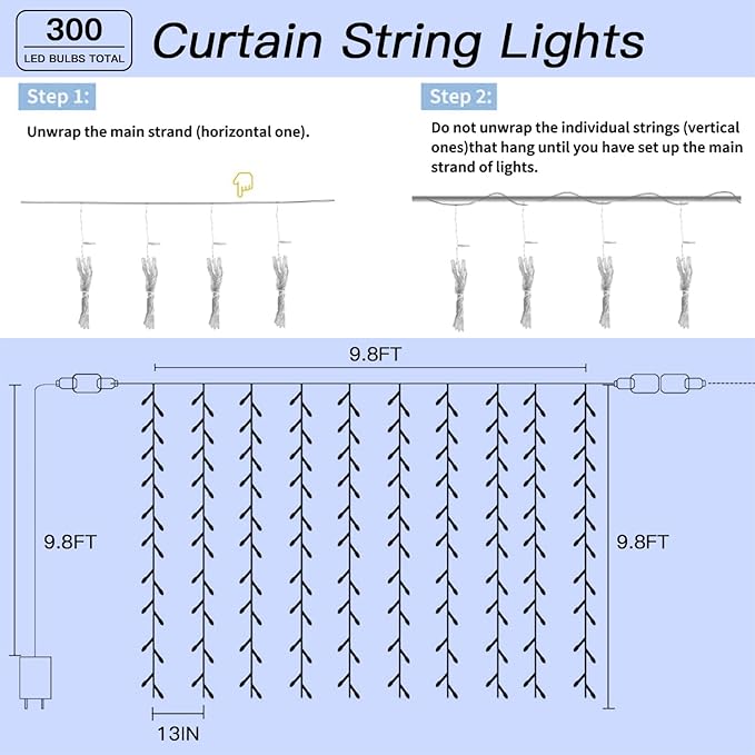 300 LED Curtain String Lights 9.8FT Plug in Fairy Lights with Timer and 8 Modes, Waterproof Window Wall Lights for Bedroom Wedding Party Indoor Outdoor Christmas Decor
