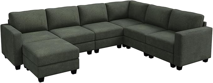 HONBAY Corduroy Sectional Sofa with Storage, U Shape Modular Sectional Sofa with Chaise, Modular Couches for Living Room, Green