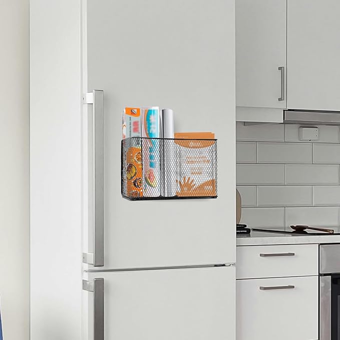 Black Magnetic Basket - Refrigerator Spice Rack & File Holder Locker Organizer - Wire Mesh Magnetic Shelf for Kitchen Storage