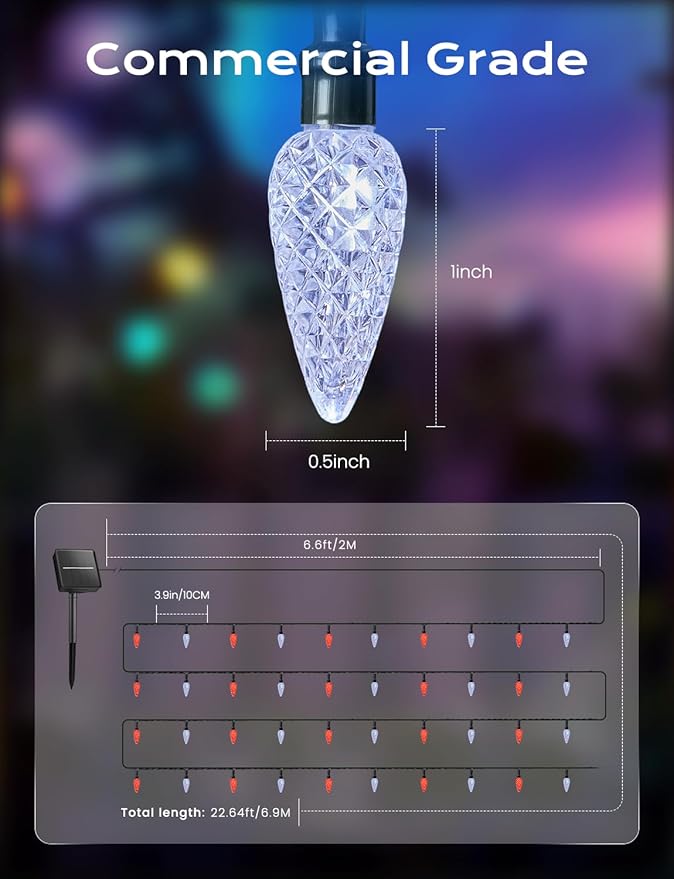 Brightown Solar Operated C6 Strawberry String Lights, 22.64ft 50 LEDs Red White LED Christmas Fairy Lights, Solar Christmas Lights Outdoor, Christmas Decorations for Christmas Tree, Garden Decor