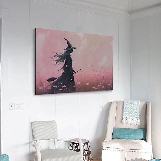 JFHCQJPK Witch in the pink sea of flowers Halloween prints weird flowers wall art silhouette painting fashionable romantic decoration suitable for bedroom12x16in Frameless