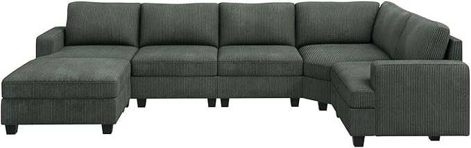 Nolany Sectional Sofa with Storage Ottoman, U Shape Couch with Chaise, Corduroy Modular Sectional Couch for Living Room, Green