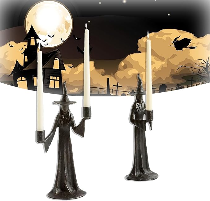 Halloween Witch Candle Holder,Handmade Black Witchs Statue, for Placement in The Table, Witch Halloween Decorations, Window Display