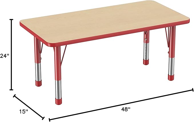 FDP Rectangle Activity School and Kids Classroom Table (24 x 48 inch), Toddler Legs, Adjustable Height 15-24 inches - Maple Top and Red Edge