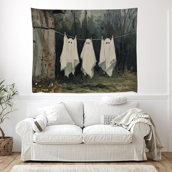 Vintage Halloween Tapestry Funny Ghosts on Clothesline Tapestry Wall Hanging Farmhouse Gothic Room Decor Spooky Ghost Prints for Dark Academia Halloween Party House Decoration Tapestries 40x60inch