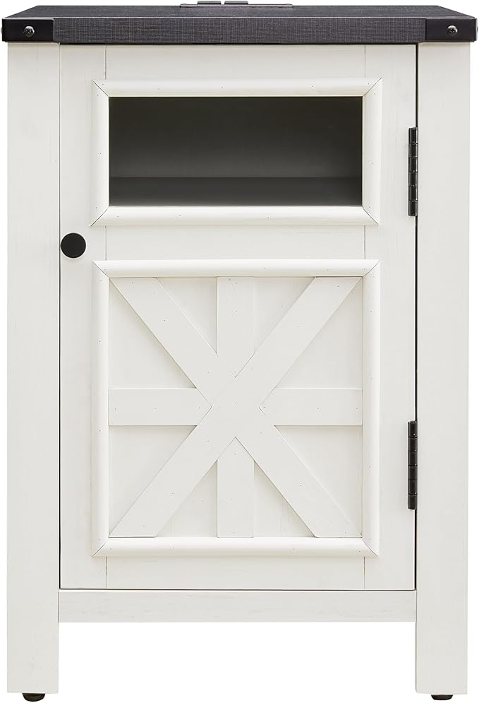 JXQTLINGMU Farmhouse End Table with Charging Station, 18'' Rustic Nightstand with Barn Door & Adjustable Shelf, Wooden Sofa Side Table with 3-Tier Storage for Living Room, Bedroom, White