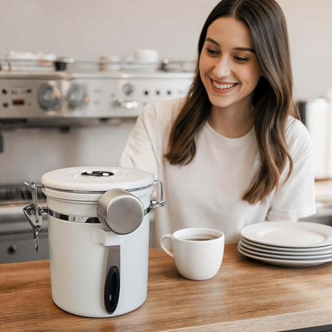 ShanSon Coffee Canister Airtight Coffee Container Stainless Steel Coffee Bean Storage Container with Scoop Coffee Canister for Beans Grounds Sugar Flour Tea Cereal,22OZ, White