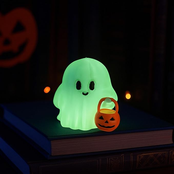 Halloween Ghost Figurine, Funny Glow in The Dark Spooky Resin Ghost with Pumpkin Basket Statue, Cute Decor for Halloween Decorations Indoor, Porch Indoor Home Decor Gifts