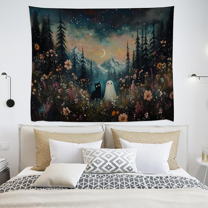 Whimsical Halloween Tapestry Wall Hanging Ghost and Black Cat in Magical Forest Wildflowers Meadow Tapestry Art Print Charming Spooky Fall Season Tapestries for Living Room Bedroom Decor 60x80inch