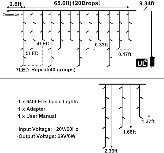 Blue Christmas Lights Outdoor, 66ft 640 LED Icicle Lights for Outside House with Connectable Clear Wire 8 Modes Timer, Plug in Waterproof for Home Holiday Eaves Patio Yard Party Room Indoor Decoration