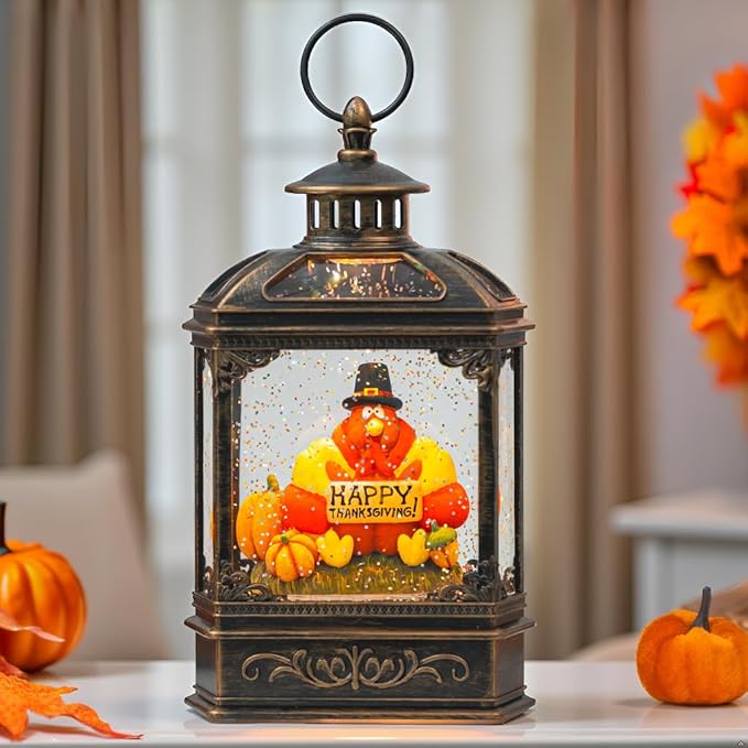 10.5'' Fall Snow Globe Lantern - Thanksgiving Glittering Lighted Water Lantern, Fall Decorations Autumn Harvest Day Gifts, Home Fall Halloween Decor (Turkey & Pumpkins)