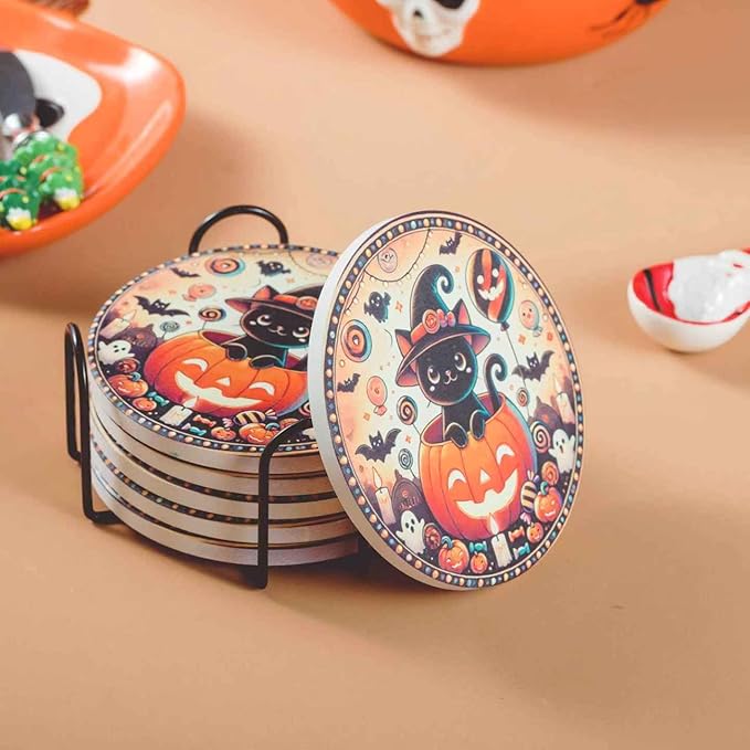 Halloween Ceramic Coasters Set of 6 with Holder โ Black Cat in Pumpkin Design โ Non-Slip Absorbent Drink Coasters for Halloween Party Decor and Gifts