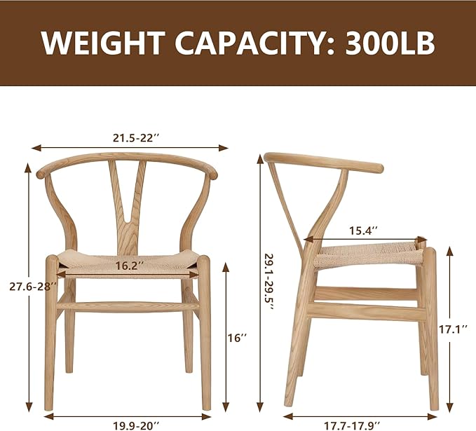 Wishbone Chair Natural Solid Wood Dining Chair/Hans Wegner Y Chair Rattan and Wood Accent Armrest Chairs - Ash Wood Chairs (Ash Wood + Natural Color)