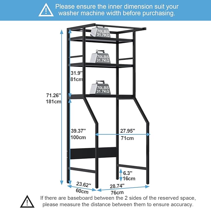 Dryer Storage Shelf and Heavy Duty Over the Washer– All-Steel Laundry Room Organizer with Clothes Drying Rod, Space-Saving Shelf for Front-Load Washers and Dryers, 29.92"L x 23.65"D x 70.8"H