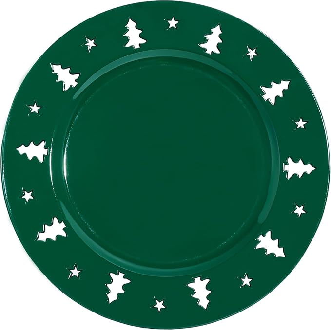 Christmas Charger Plates - 13" Christmas Tree Openwork Holidays Decorations Round Chargers for Dinner Plates - Elegant Table Centerpieces - Hunter Green, 6 Pack