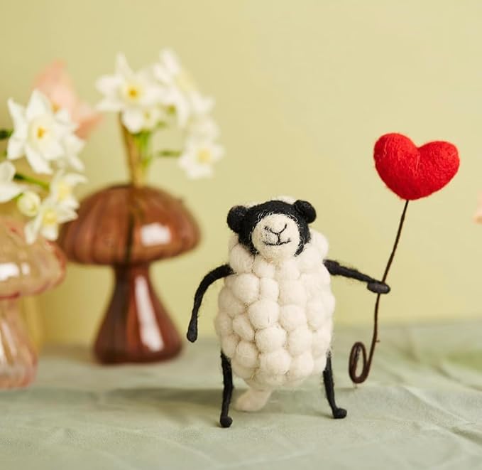 | Hand-Felted Sheply Sheep with Heart Balloon | Organic Wool Home Decor | Fair Trade Plush Animal Ornament | Gift for Any Occasion | Perfect for New Spaces & Home Accessories