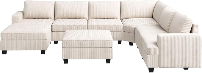 Nolany Sectional Couch with Storage Ottoman, U Shape Sectional Sofa with Chaise, Corduroy Modular Sectional Couches for Living Room, Beige