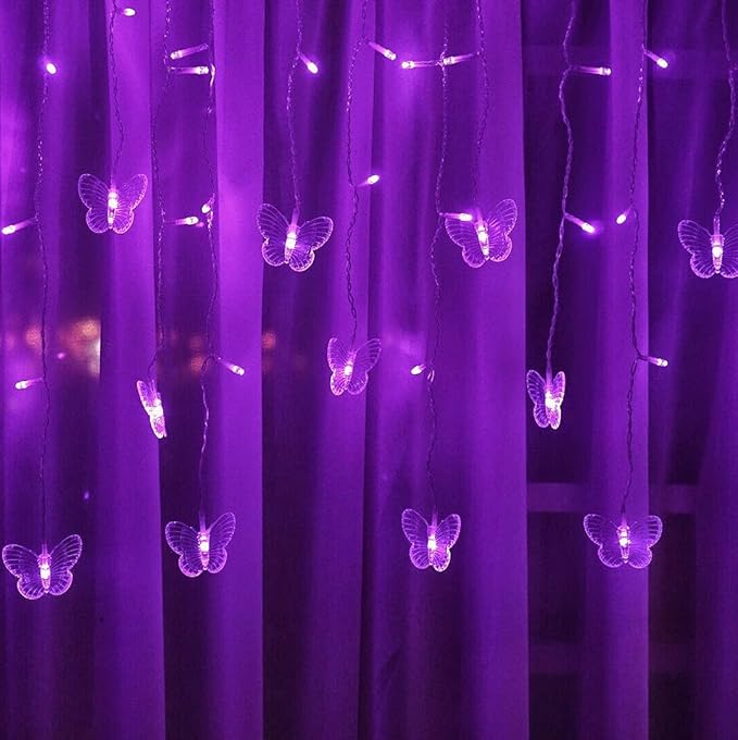 Butterfly Curtain Fairy Lights USB Plug in, 8 Modes 96 LED 11.5FT Firefly Window Twinkle Timer String Lights with Remote for Bedroom Patio Christmas Wedding Party Decoration (Purple)