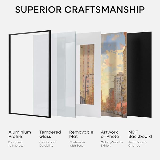 Homeforia Black Picture Frame 8.5 x 11, High End Metal 8.5x11 Poster Frames with Mat 6x8 Photo, 8.5 x 11 Frame Matted to 6 by 8 Art, 8.5by11 Wall or Tabletop Frames, Tempered Glass, Wall Kit, Set of 1