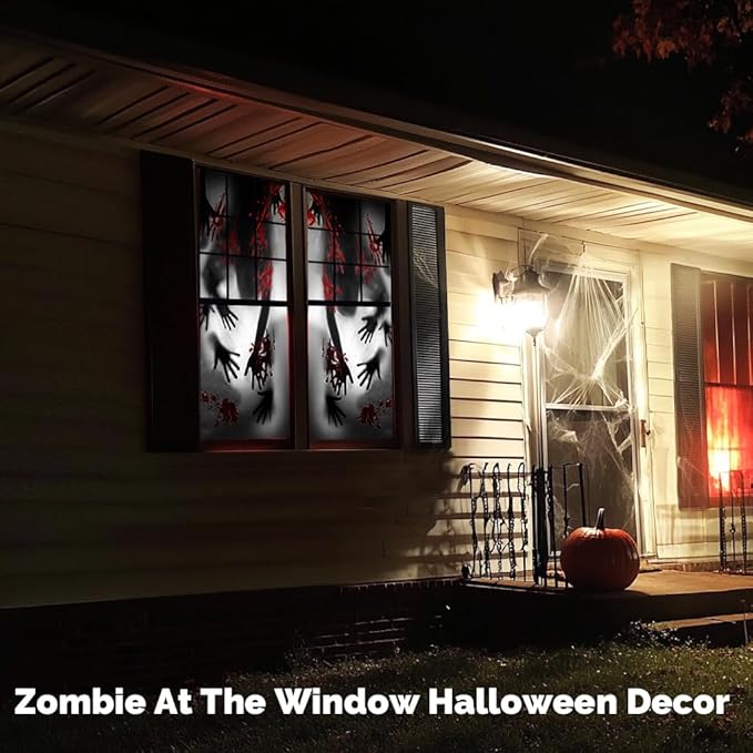 Rypyp 2PCS Halloween Decorations Indoor Window Clings, Large Window/Door Covers(59x30in)- Scary Zombie with Bloody Handprints at The Window, Halloween Haunted House Party Décor, Garage Door Cover