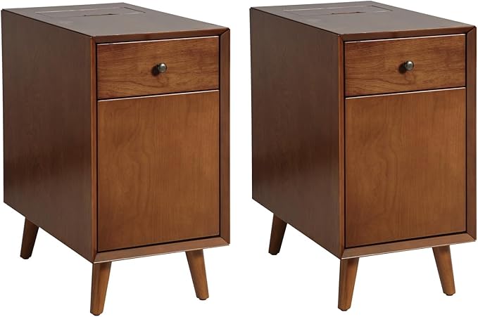 HULALA HOME End Table with Drawer Set of, Modern End Table with USB Ports and Outlets, Wooden Side Table with Storage-Acorn