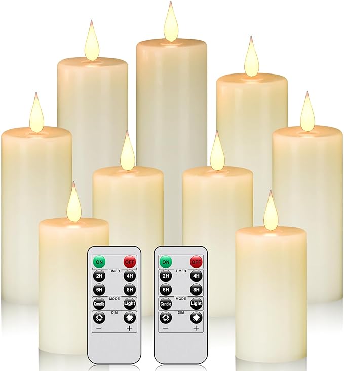 Flameless Battery Operated LED Candles 3D Wick with10 Key Button Remote Control 24-Hour Timer Set of 9 Electric Flickering Pillar Real Wax ApplyTo Party, Wedding,Dinner, Home Decoration