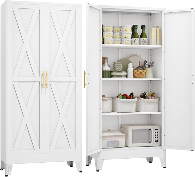 61" H Metal Kitchen Pantry Storage Cabinet, Freestanding Cupboard with 2 Doors and 3 Adjustable Shelves, Standing Storage for Kitchen, Bathroom, Garage, Dinning Room or Utility Room(White)