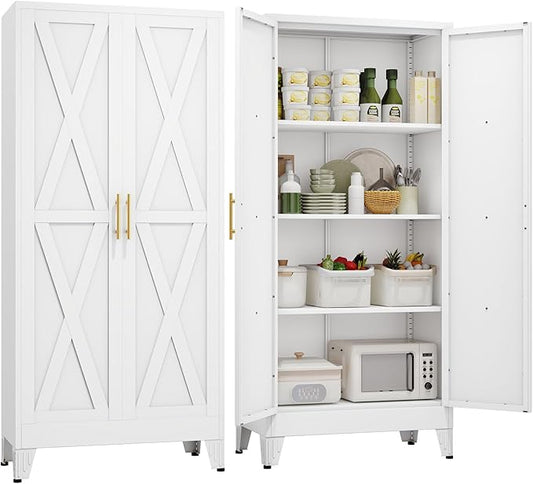 61" H Metal Kitchen Pantry Storage Cabinet, Freestanding Cupboard with 2 Doors and 3 Adjustable Shelves, Standing Storage for Kitchen, Bathroom, Garage, Dinning Room or Utility Room(White)