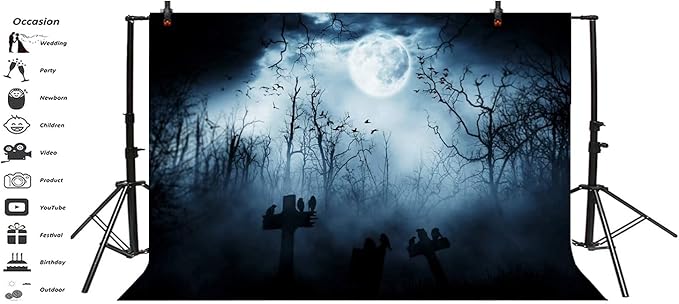 AOFOTO 10x7ft Moon Night Halloween Cemetery Photography Backdrop Flying Bats Birds Stand on Gravestone Cross Graveyard in Dark Forest Photo Background Cloth Vinyl Wallpaper Photo Studio Props Vinyl