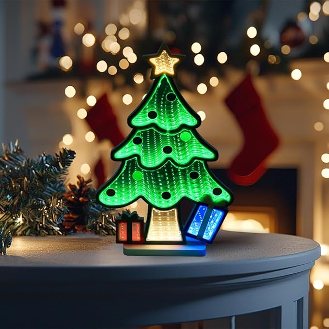 MEETYAMOR Christmas Decorations Indoor, Christmas Tree Infinity Mirror Tunnel Light - 3D Endless Extension LED Night Lamp, USB Powered Colorful Table Centerpiece for Bedroom, Living Room Home Decor