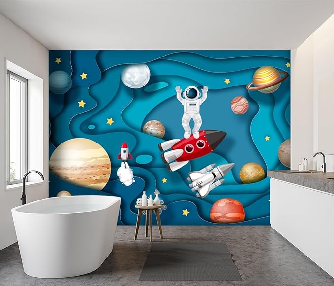 '-Kindergarten Children Galactic Planet Fabric Wallpaper Living Room Bedroom Boys Girls Children Cartoon Astronauts Large Mural- 91"x65"( not Peel and Stick)