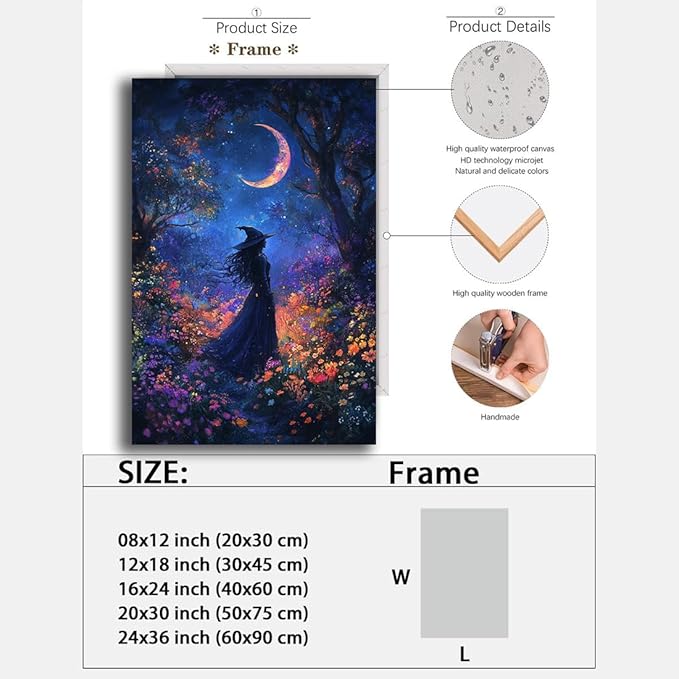 Vintage Halloween Witch Decor Mystic Gothic Wall Art Poster,Enchanting Witch Fall Whimsical Wildflowers Woodland Forest Crescent Moon Picture Art,Creepy Witchy Home Decor,16"x24" Framed