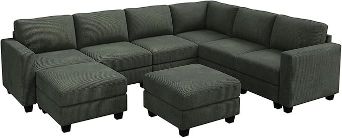HONBAY Corduroy Sectional Couch with Storage U Shaped Sectional Sofa Modular Sectional Couches for Living Room, Green