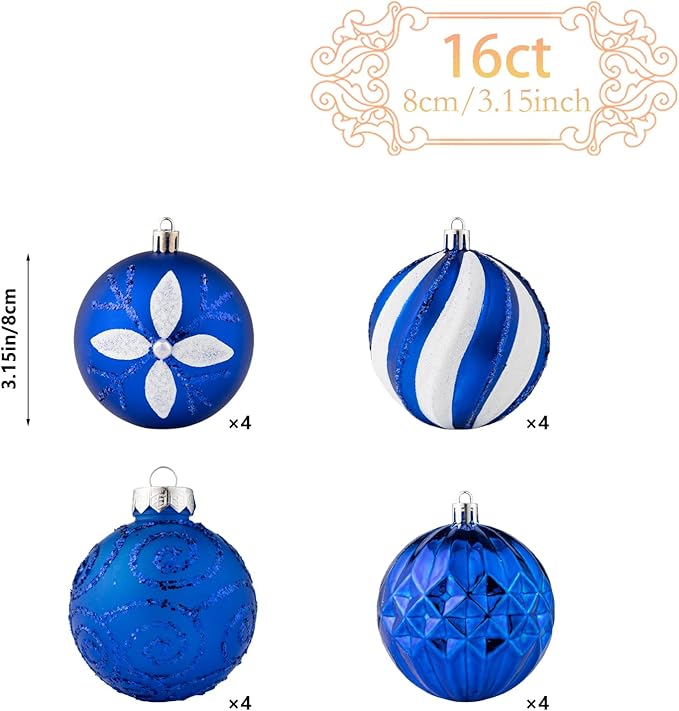 16Pcs Christmas Ball Ornaments Set, 3.15" Shatterproof Christmas Ornaments, Luxury Glitter Hanging Ornaments for Xmas Tree, Xmas Holiday, Party, Wedding (Blue)