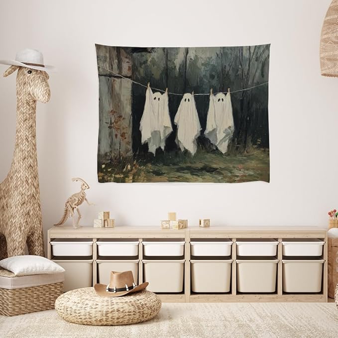 Vintage Halloween Tapestry Funny Ghosts on Clothesline Tapestry Wall Hanging Farmhouse Gothic Room Decor Spooky Ghost Prints for Dark Academia Halloween Party House Decoration Tapestries 40x60inch