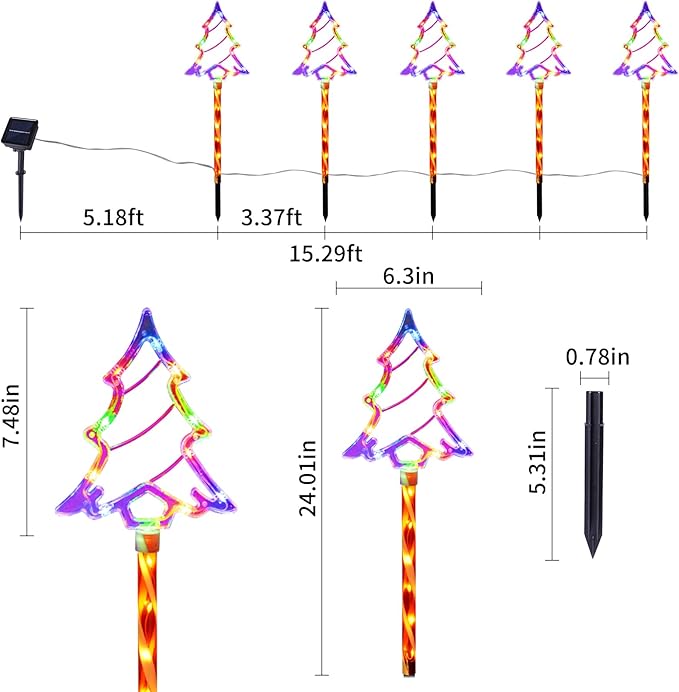 Christmas Solar Pathway Lights Outdoor Decorations, 8 Modes Xmas Tree Candy Lights Waterproof Led Garden Stake Light for Walkway Yard Lawn Porch Holiday Decor 5-Pack (Multicolor Tree, 5 Pack)