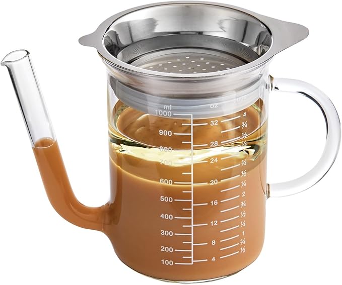 HIC Kitchen Roasting Fat Separator With Gravy Strainer, Borosilicate Glass 18/8 Stainless Steel, and Silicone, Holds 32-Ounces