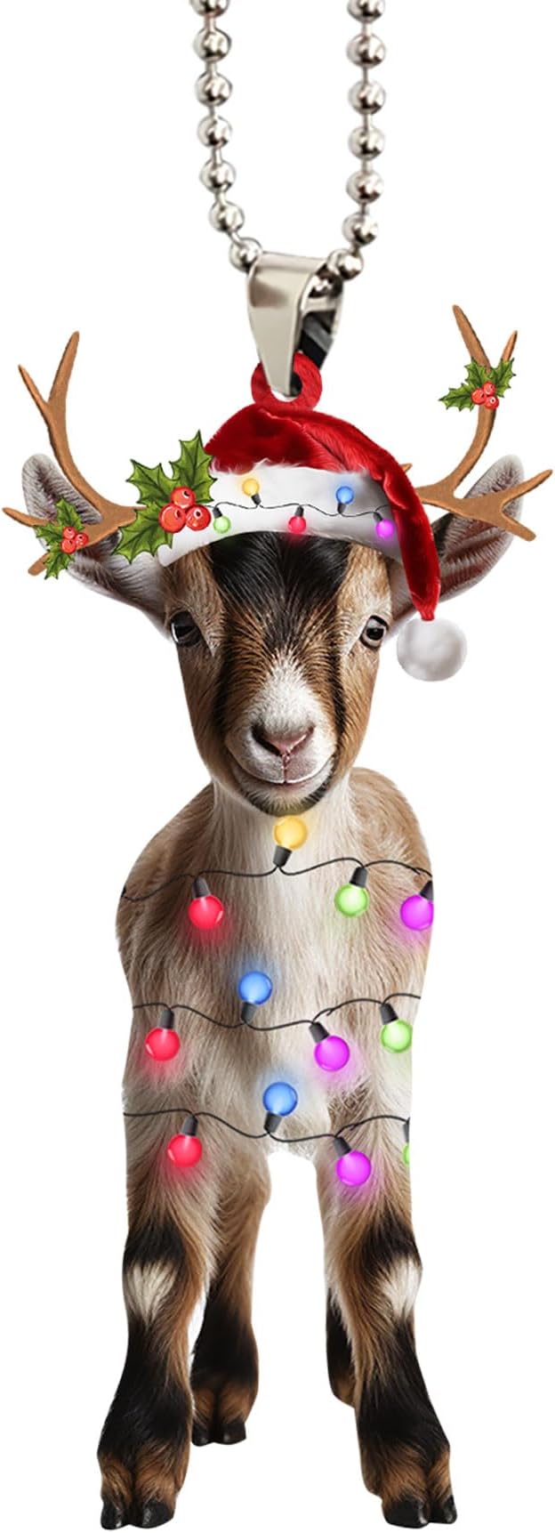 Talataca Goat 2D Flat Christmas Ornament, Goat Wearing Christmas Hat Reindeer with String Lights Pine Tree Decor, Hanging House Charm Eve Keepsake, Car Rear View Mirror Accessories, Xmas Gift