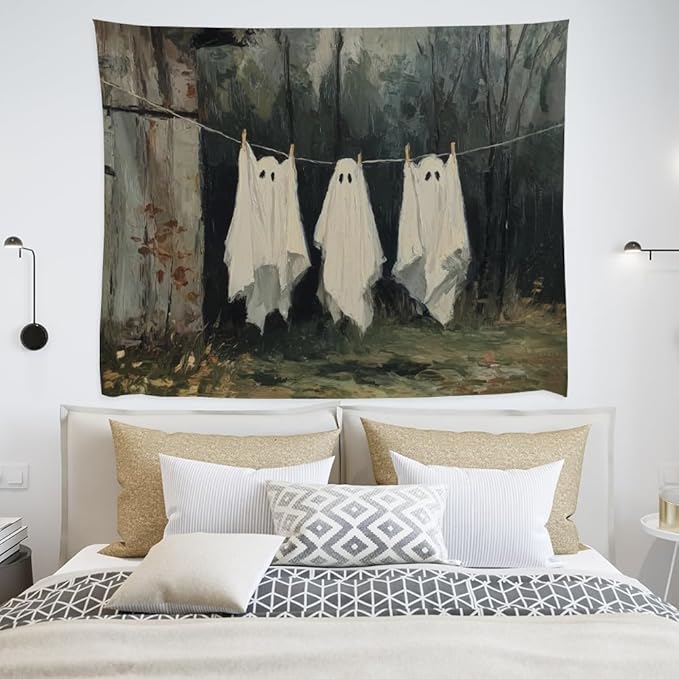 Vintage Halloween Tapestry Funny Ghosts on Clothesline Tapestry Wall Hanging Farmhouse Gothic Room Decor Spooky Ghost Prints for Dark Academia Halloween Party House Decoration Tapestries 40x60inch