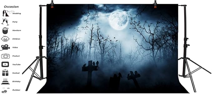 AOFOTO 10x8ft Moon Night Halloween Cemetery Photography Backdrop Flying Bats Birds Stand on Gravestone Cross Graveyard in Dark Forest Photo Background Cloth Vinyl Wallpaper Photo Studio Props