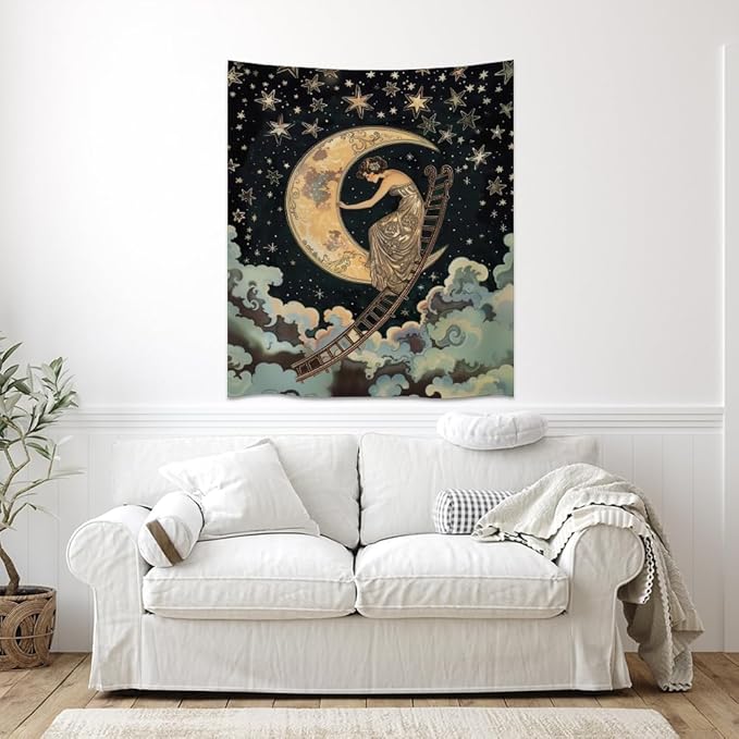 Dark Academia Gothic Aesthetic Tapestry ladder to The Moon and Stars Wall Hanging Print Trendy Vintage Art Nouveau Tapestries Decor for Home Bedroom Living Room 50x60inch