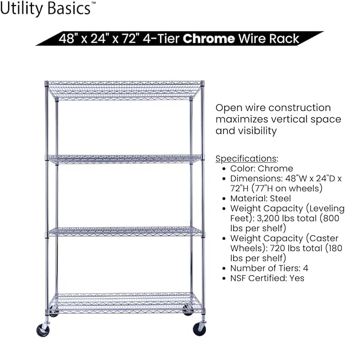 48"x24"x72" Chrome Premium Metal Steel Wire Shelving 4-Tier NSF 3200 LBS MAX Capacity Heavy Duty Storage Rack for Garages, Commercial Spaces, Hospitals, & Schools w/Premium Wheels