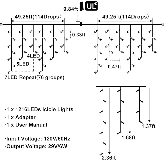 99ft Colored Christmas Lights Outdoor, 1216 LED Icicle Lights for Outside House with Clear Wire 8 Modes Timer, Plug in Waterproof for Home Holiday Eaves Yard Party Tree Room Wall Indoor Decoration